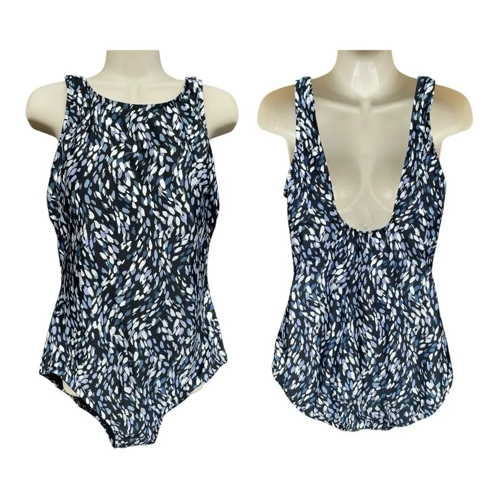 One Piece Swimsuit Sz 14 High Neck Tummy Control Shimmer Print Black Blue Resort